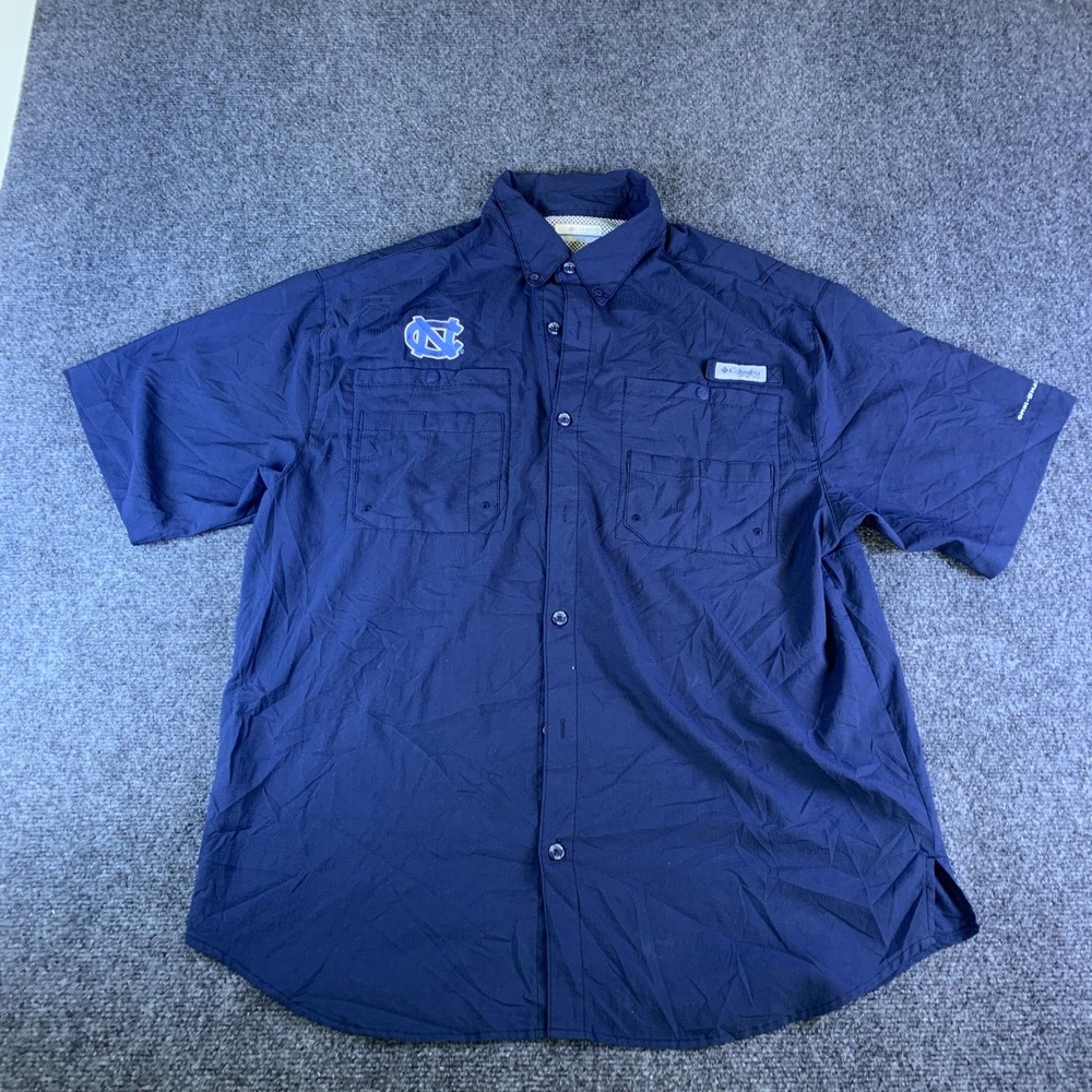 Columbia PFG Tamiami Shirt Men Large Navy Good NC Tar Heels Short Sleeve